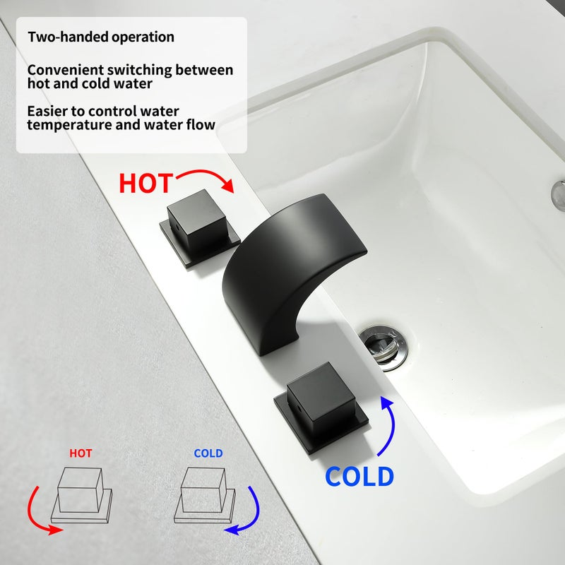 SKOWLL Matte Black Waterfall Bathroom Faucet, LED 8 Inch Widespread Bathroom Faucet 3 Hole, Modern Waterfall Vanity Sink Faucets with 2 Knobs - Image 3